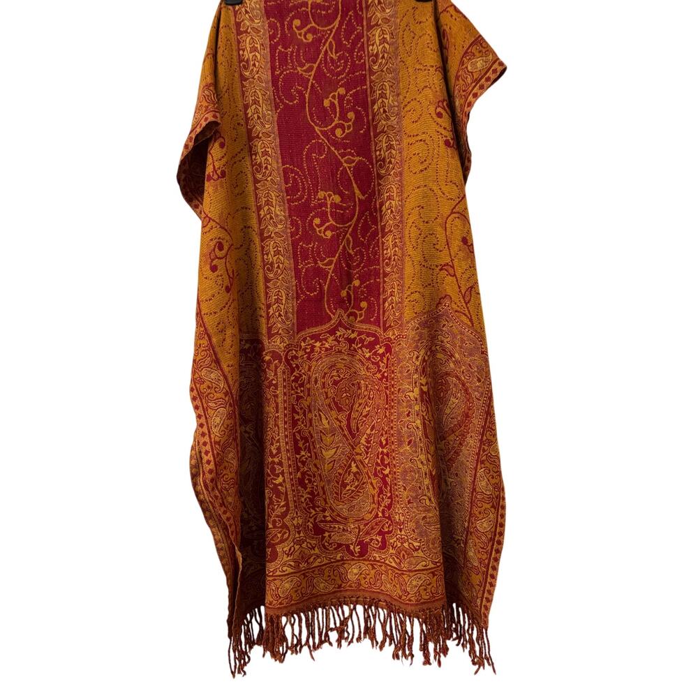 Red Gold Wool Silk Scarf Vintage 70” Long 28” Wide Fringe Shaw Wrap Boho Classic - Picture 3 of 4